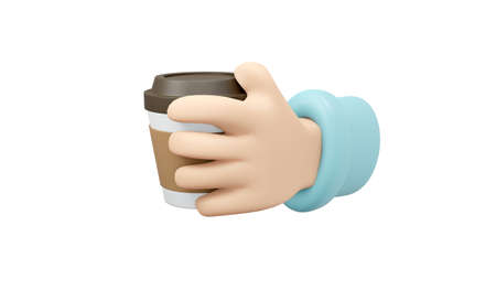 3D Rendering of hand holding cup of takeaway coffee isolate on white background. 3D Render...