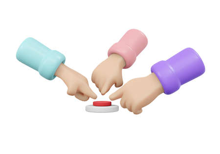 3D Rendering of hands pushing button isolate on white background. 3D Render illustration cartoon...