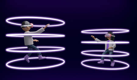 3D Rendering of girl boy with visual reality glasses sharing information platform concept of VR Metaverse technology. 3D Render illustration cartoon style.の写真素材