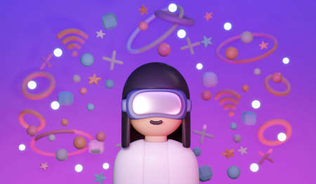 3D Rendering of girl with visual reality glasses using digital platform concept of VR Metaverse technology. 3D Render illustration cartoon style.の写真素材