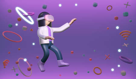 3D Rendering of girl with visual reality glasses using digital platform concept of VR Metaverse technology. 3D Render illustration cartoon style.の写真素材