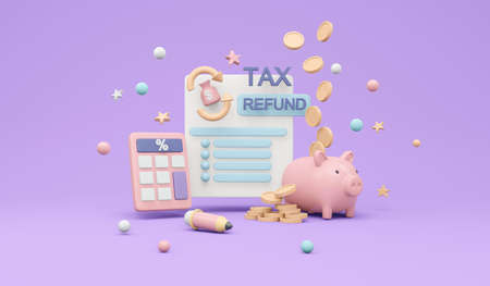 3D Rendering of tax return form document paper with money elements concept of tax duty on background. 3D render illustration cartoon style.の写真素材