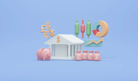 3D Rendering of money element bank icon currency stock market icon piggy bank concept of financial investment on background. 3D Render illustration cartoon style.の写真素材