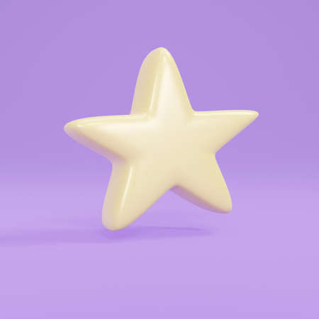 3D Rendering of single yellow gold star on purple background. 3D Render illustration cartoon style.