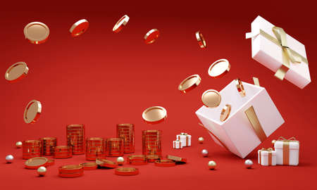 3D Rendering of golden coin and gift box on red background, banner, card, poster concept of wealthy with space for text. 3D Render illustration cartoon style.の写真素材