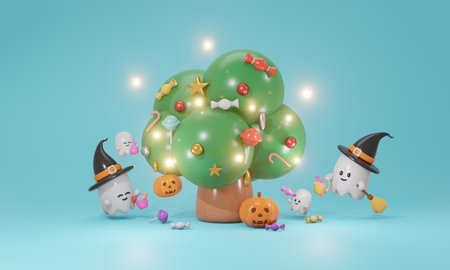 3D Rendering of tree with candy ghost and pumpkin concept of Halloween background. 3d render cartoon style.の写真素材