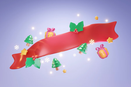 3D Rendering gift big ribbon space for text and cute Xmas elements concept of Christmas background for commercial. 3d render cartoon style.の写真素材