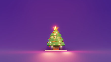 3D Rendering concept of gift box Christmas tree and shiny star on purple background. 3d render cartoon style.の写真素材