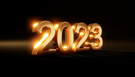3D Rendering of 2023 number happy new year in gold and black background. 3D Render illustration.