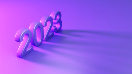 3D Rendering of 2023 number happy new year in abstract neon light background. 3D Render illustration.の写真素材
