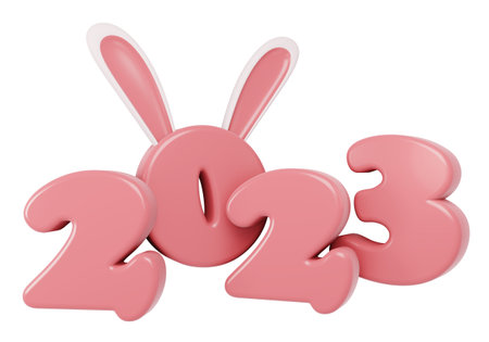 3D Render New Year 2023 number with cute rabbit zodiac cartoon style isolated on white. 3D Render...