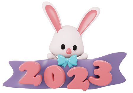 3D Render New Year 2023 number with cute rabbit zodiac cartoon style isolated on white. 3D Render...