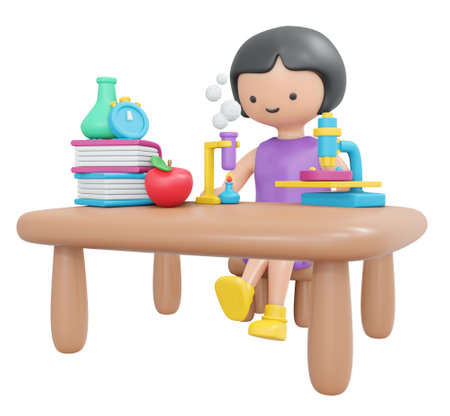3D Rendering happy girl studying science lab isolated on white cartoon style. 3D Render illustration.の写真素材