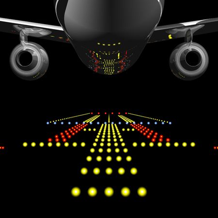 Runway Lights Reflected in Jet Airlinerの写真素材