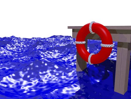 Life saver on a dock in rough water isolated against a white backgroundの写真素材