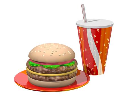 Delicious meal of hamburger and soft drink isolated on whiteの写真素材
