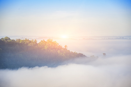 sunrise back mountain in fog and flareの写真素材