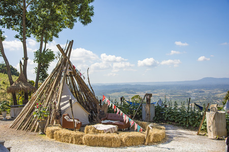 Redskins tent and view landscape at Khao Kho Thailandの写真素材