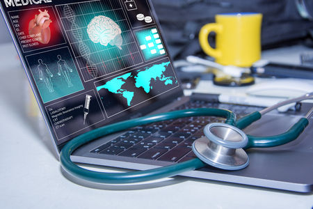 stethoscope on cpmputer heart and data patient concept healthcare