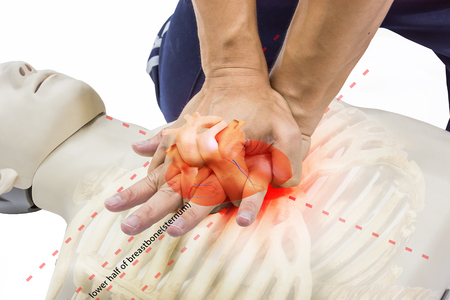 cpr training man use hand compression point lower half of breastbone