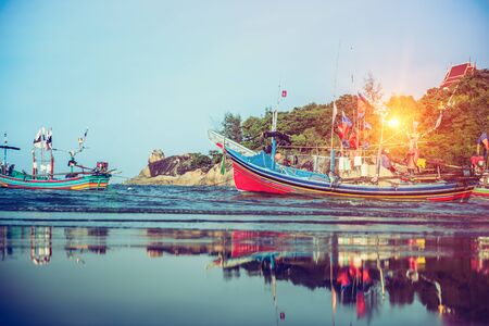 Sea view with long tail boat parked in summer