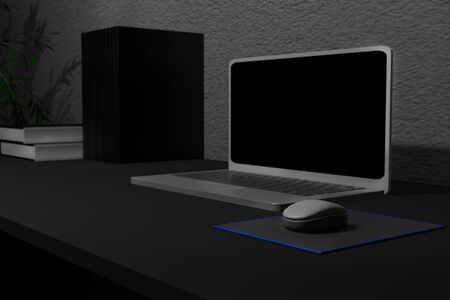 3d illustration gray color computer laptop on the working desk select focus mouseの写真素材