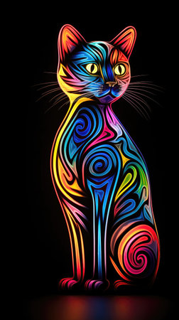 Portrait neon cat Stick multi color Black background Generative AIの素材