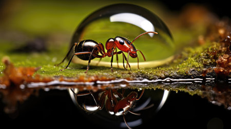 Ants with water drop on black background. Macro photography of ant.の素材