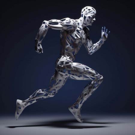 3D rendering of a male robot running on a dark background.の素材