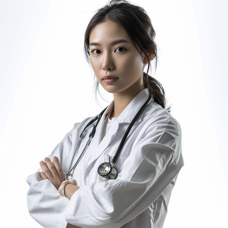 Portrait of Asian female doctor with stethoscope on white backgroundの素材