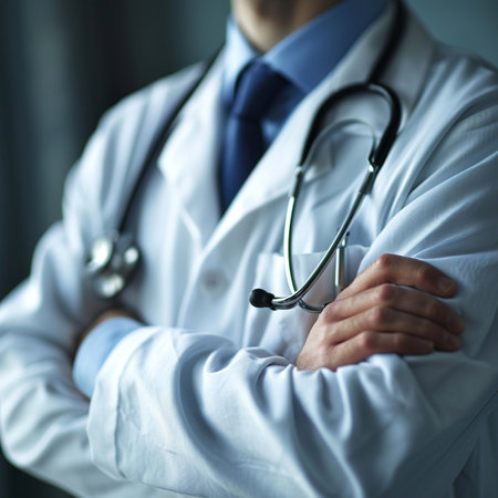 Close-up of a male doctor with a stethoscope.の素材