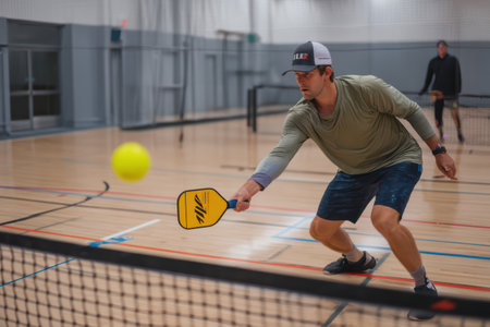 Portrait Of A Male Tennis Player Ready To Hit Ball In Courtの素材