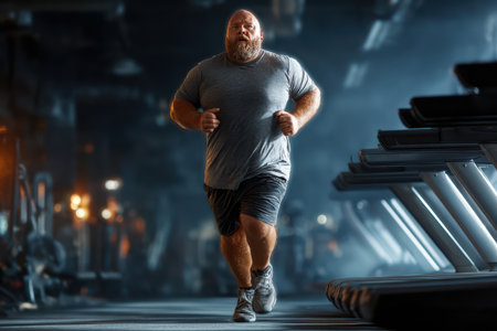 realistic very fat man exercising in a gym. isolated white backgroundの素材