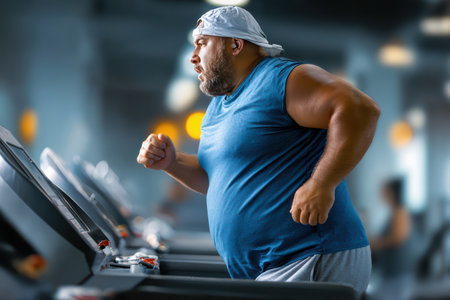 realistic very fat man exercising in a gym. isolated white backgroundの素材
