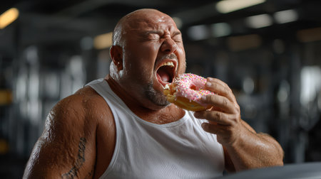 a fat man eating donut while exercising in gymの素材