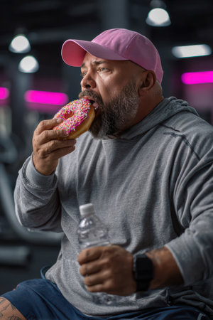 a fat man eating donut while exercising in gymの素材