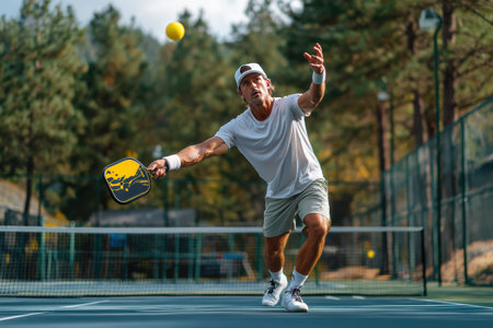 An athlete hitting a ball in a sport called pickleball.の素材