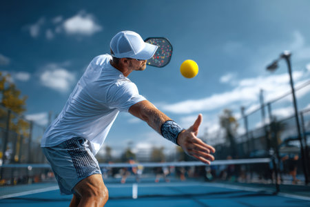 An athlete hitting a ball in a sport called pickleball.の素材