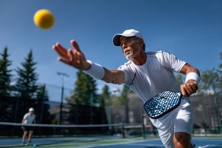 An athlete hitting a ball in a sport called pickleball.の素材