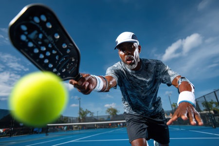 An athlete hitting a ball in a sport called pickleball.の素材