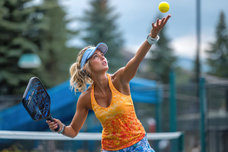 An athlete hitting a ball in a sport called pickleball.の素材