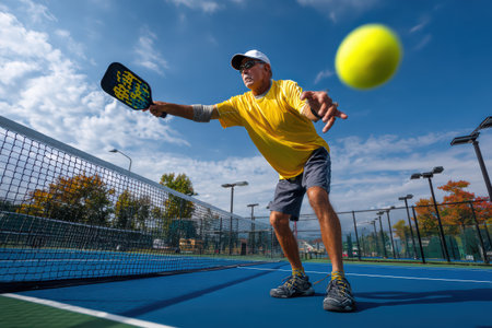 An athlete hitting a ball in a sport called pickleball.の素材