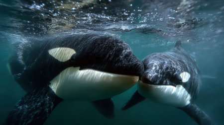Two orcas leaping from the ocean, with snow-capped mountains in the background, photo-realistic in the style of a realistic painterの素材