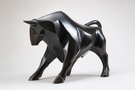 full-body ,Straight face view , a bull in a poised-to-strike position, majestic and furious expression, nordic minimalist modern sculpture styleの素材
