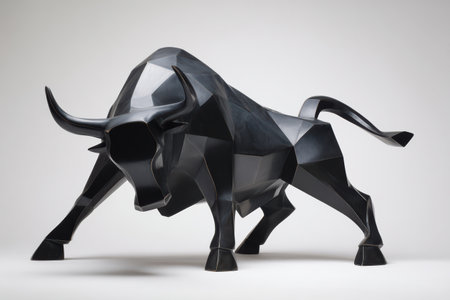 full-body ,Straight face view , a bull in a poised-to-strike position, majestic and furious expression, nordic minimalist modern sculpture styleの素材