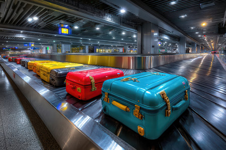Luggage that has arrived is circulating on a conveyor belt, awaiting pickup at the baggage claim area.の素材