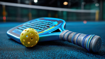 Low angle view Pickleball paddle or racket and ball on a court with empty space, sports equipment, new racket sports game concept for advertisingの素材
