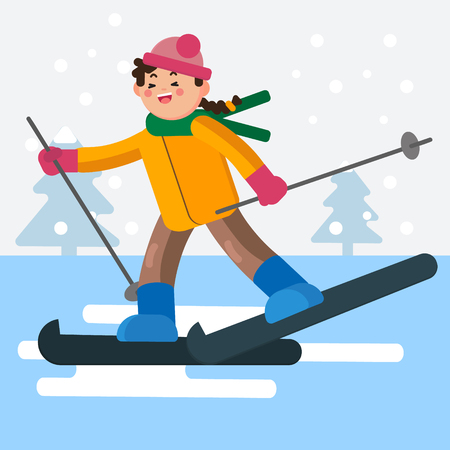 Girl skiing on flat surfaceのイラスト素材