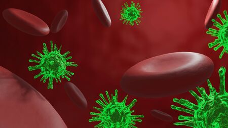 Green viruses attacking red blood cells in vessel. Coronavirus disease (COVID-19) illustration background - 3D renderの写真素材