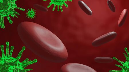 Green viruses attacking red blood cells in vessel. Coronavirus disease (COVID-19) illustration background - 3D renderの写真素材